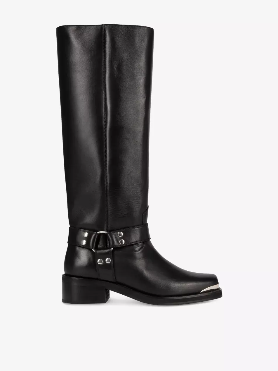 Strap-Embellished Leather Knee-High Boots