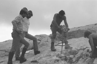The excavation team — including (left to right) Johann Segl, Sepp Steinberger, Georg Sverak and Walter Prenner — collected the fossils in July 1982.