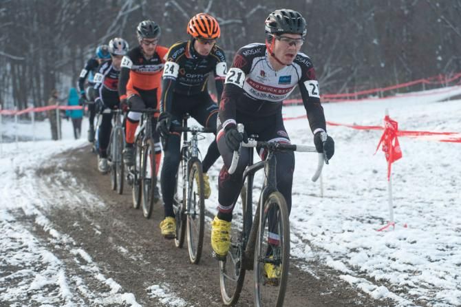 Van Den Ham leads the field on the descent from Mt Krumpit