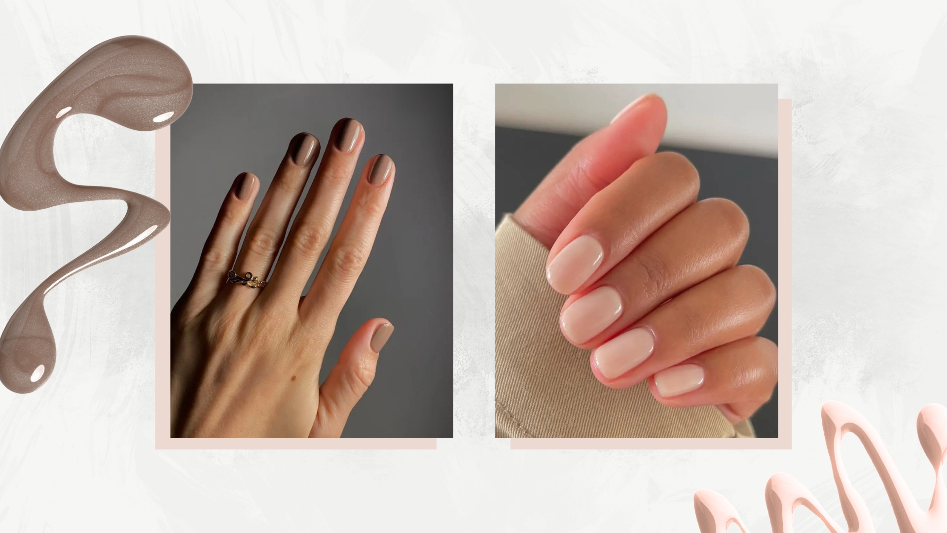 A collage of cashmere-inspired nails: on the left is a close-up of a hand with soft taupe nails by nail artist Mateja Novakovic/@matejanova, and on the right is a close-up of a hand with sheer creamy pink nails by manicurist Julia Diogo/@paintedbyjools/ in a white and grey template with two nail polish spills.