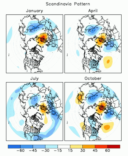 Maps showing a climate pattern known as the Scandinavian pattern of atmospheric circulation.