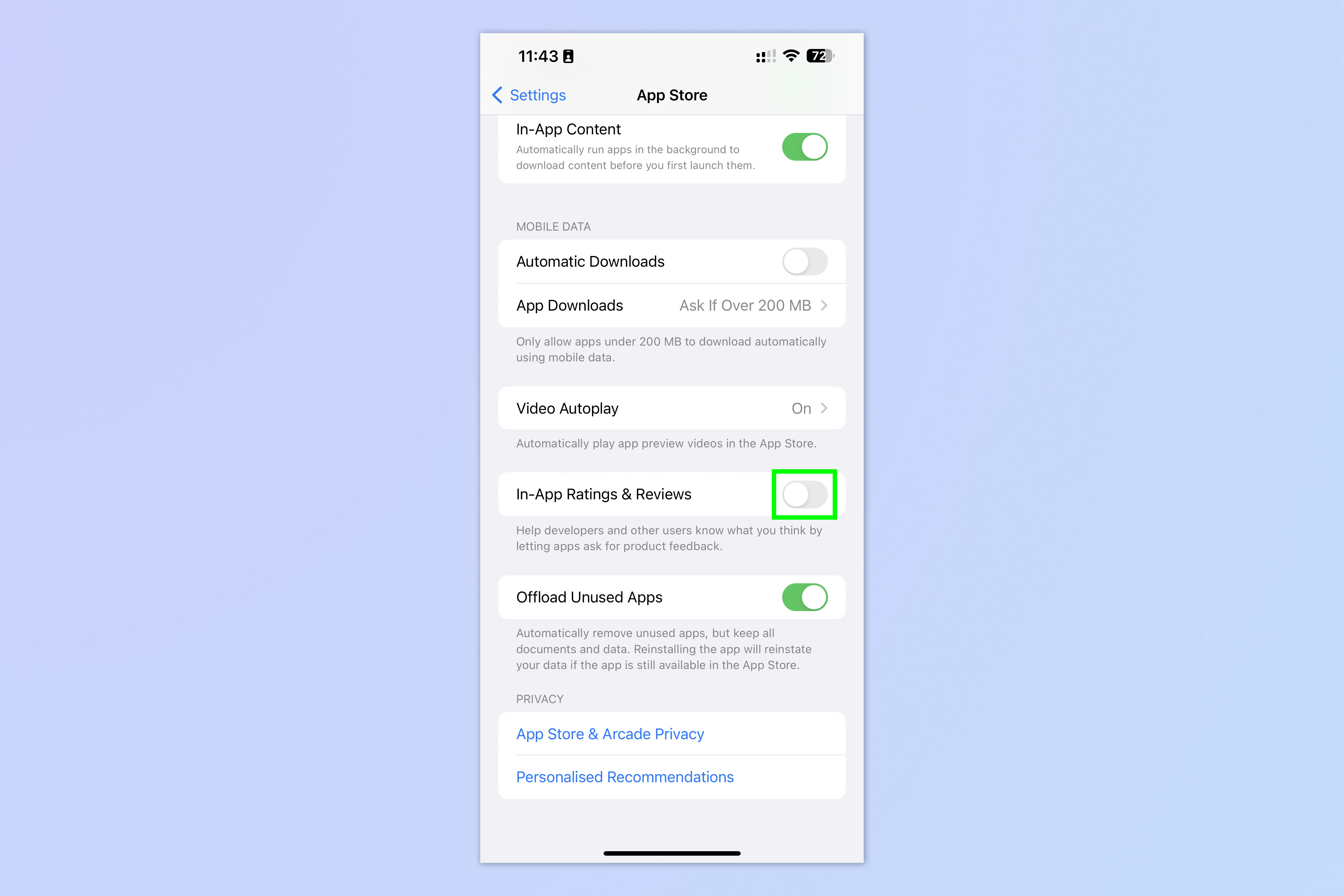 Una captura de pantalla que muestra los pasos necesarios para deshabilitar las clasificaciones de aplicaciones emergentes en iPhone