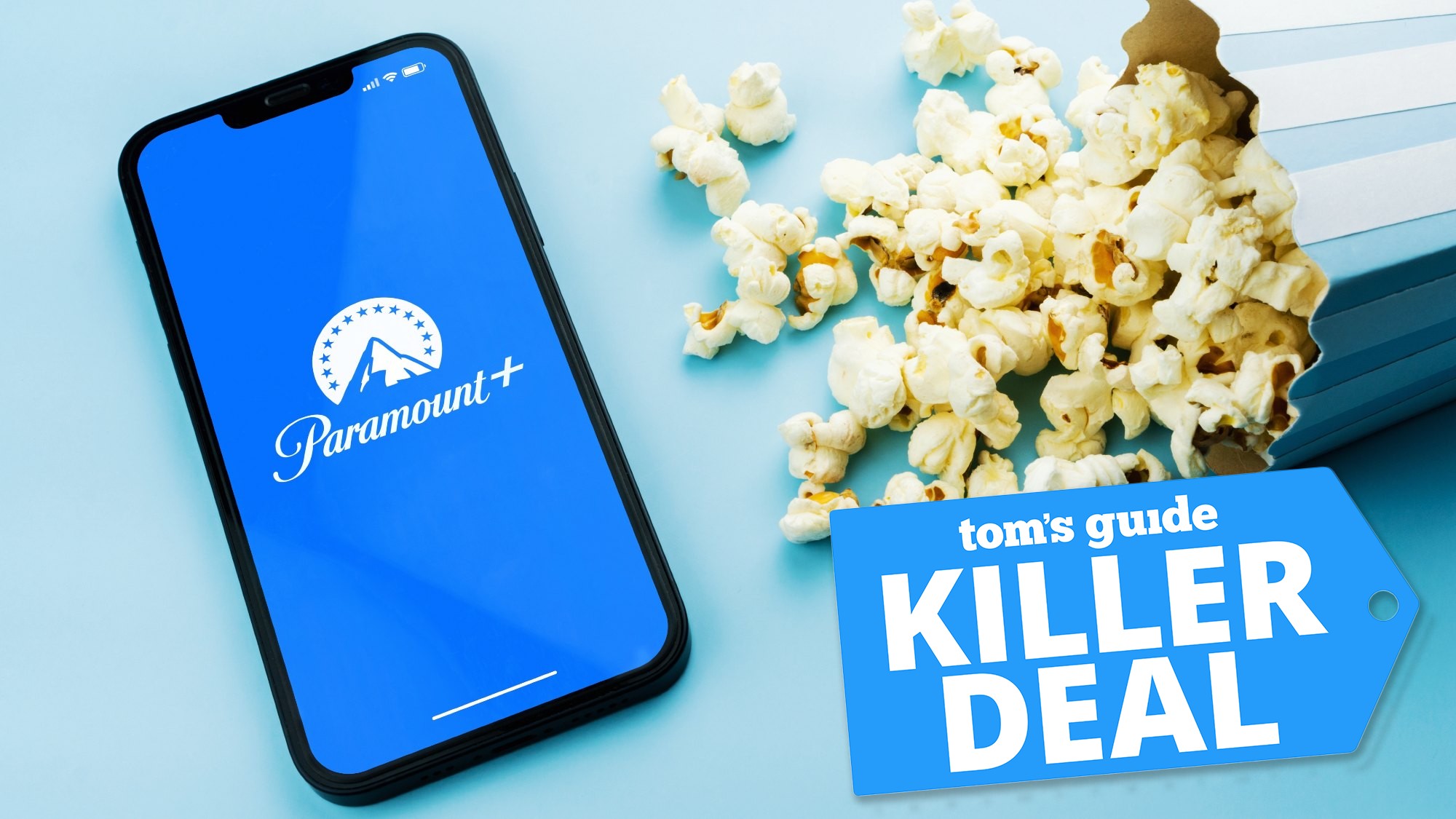 Paramount Plus app on a phone next to popcorn