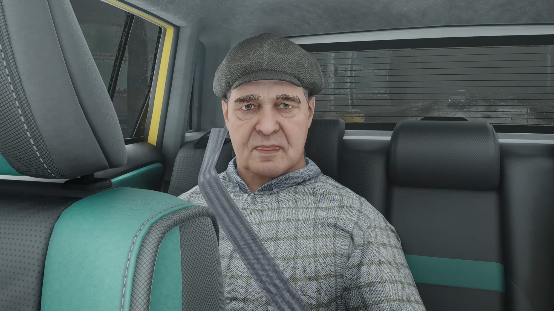 Old man stares at the camera from the backseat of a car
