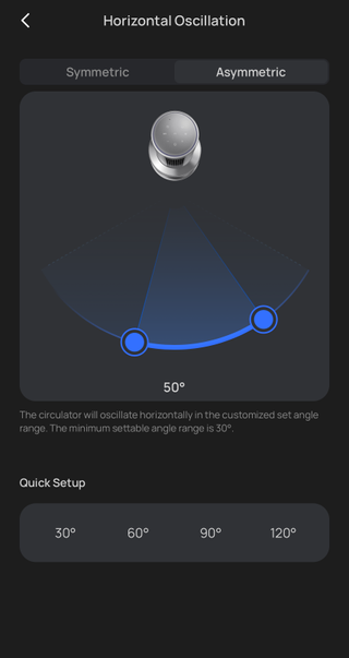 Dreo app controlling the asymmetrical oscillation angle of the MC710S purifying tower fan