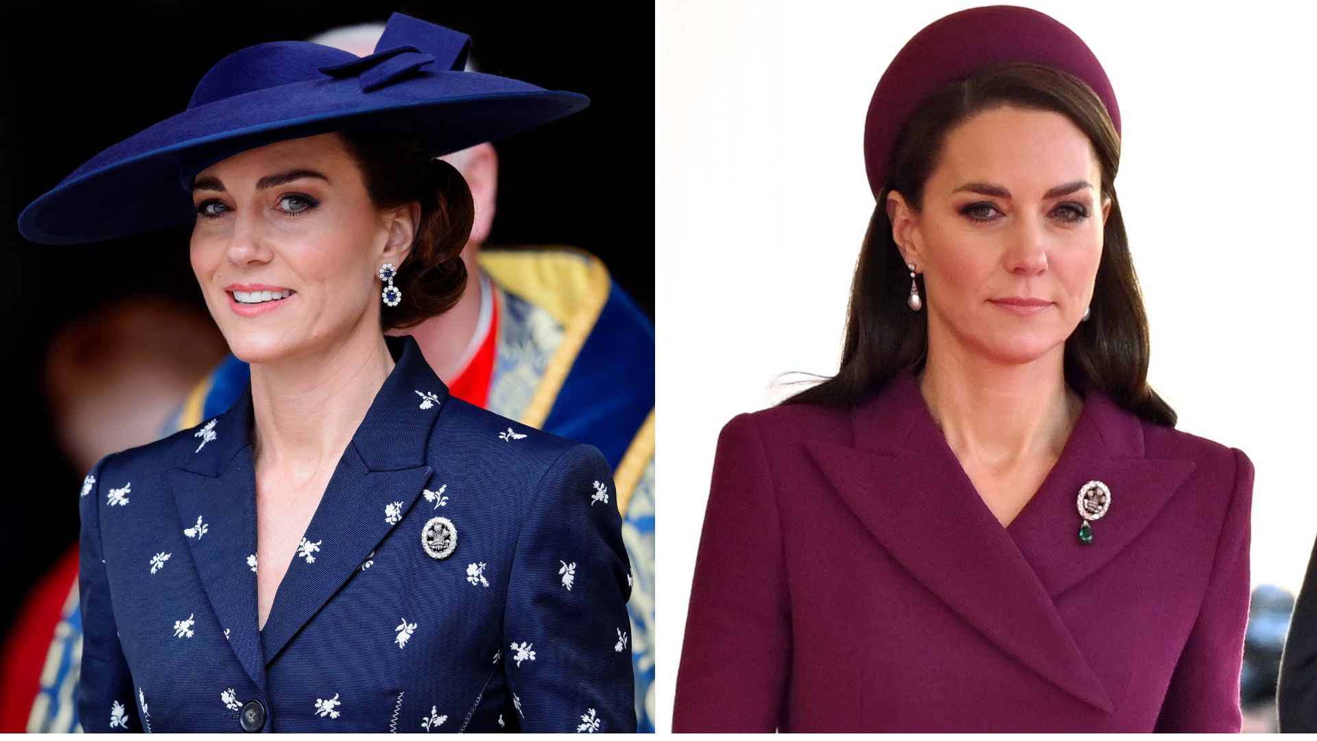 A composite of two pictures of Kate Middleton wearing the same brooch on different occasions in 2023 and 2022