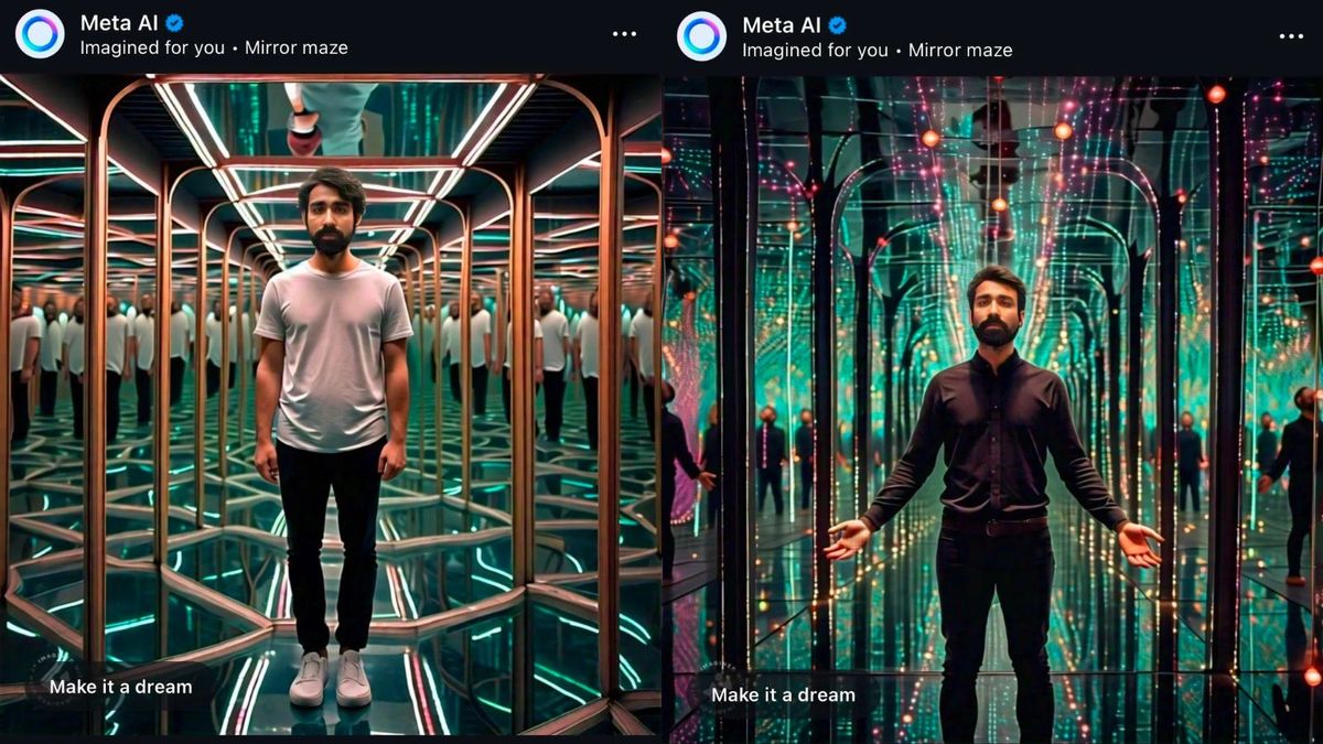 AI generated images of a young male Instagram user situated in a hall of mirrors, screenshotted from Instagram feed