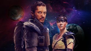 Mad Max and Furiosa in front of a galaxy.