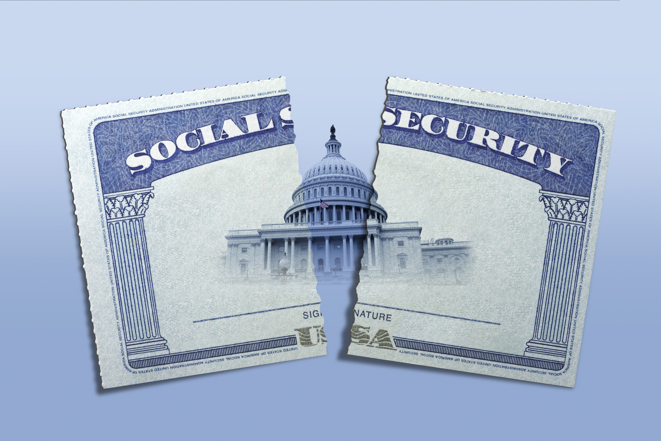 a social security card torn in half with the U.S. Capitol Building between the two halves