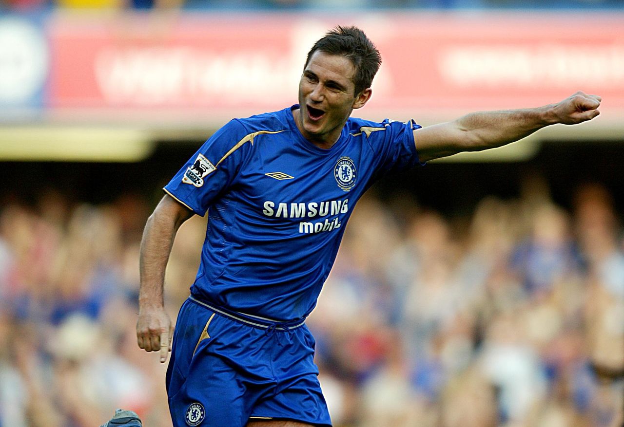 Frank Lampard celebrates after scoring for Chelsea against Bolton Wanderers in 2005