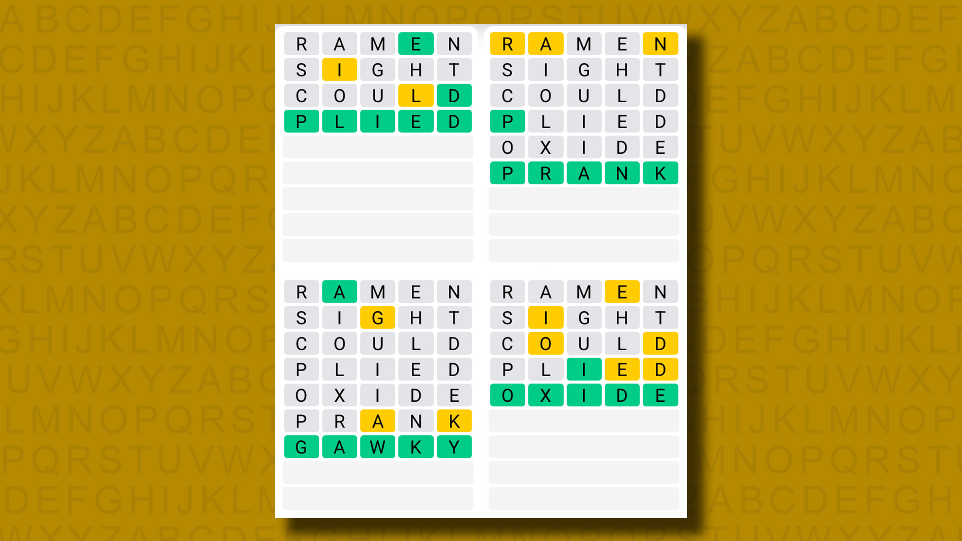 Quordle answers for game 1261 on a yellow background