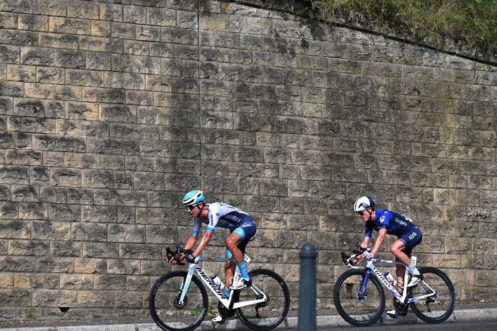 LUXEMBOURG LUXEMBOURG SEPTEMBER 22 LR Antonio Tiberi of Italy and Team Bahrain Victorious and stage winner David Gaudu of France and Team GroupamaFDJ compete in the breakaway during the 84th Tour de Luxembourg 2024 Stage 5 a 1769km stage from Mersch to Luxembourg UCIWT on September 22 2024 in Luxembourg Luxembourg Photo by Tim de WaeleGetty Images