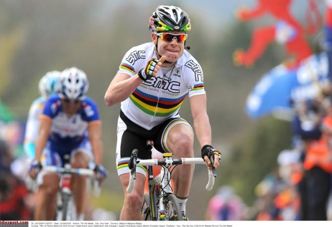 Cadel Evans (BMC) with his typical subdued victory celebration having won the 2010 La Fl&egrave;che Wallonne