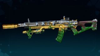 Borderlands 4 Wombo Combo location: The Wombo Combo legendary assault rifle against a dark blue background. 