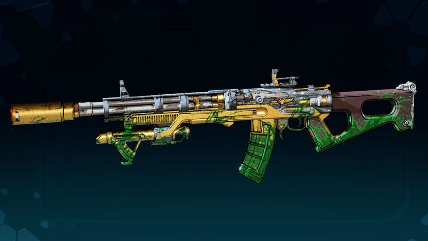 Borderlands 4 Wombo Combo location: The Wombo Combo legendary assault rifle against a dark blue background. 