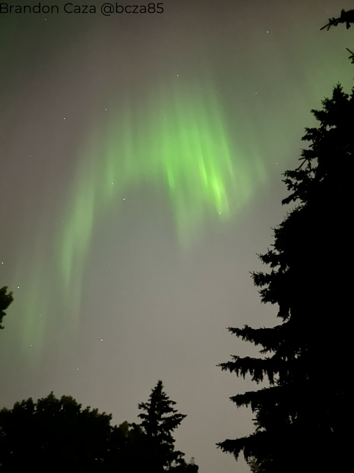 green auroras show as ribbons of green light stretching across the sky.
