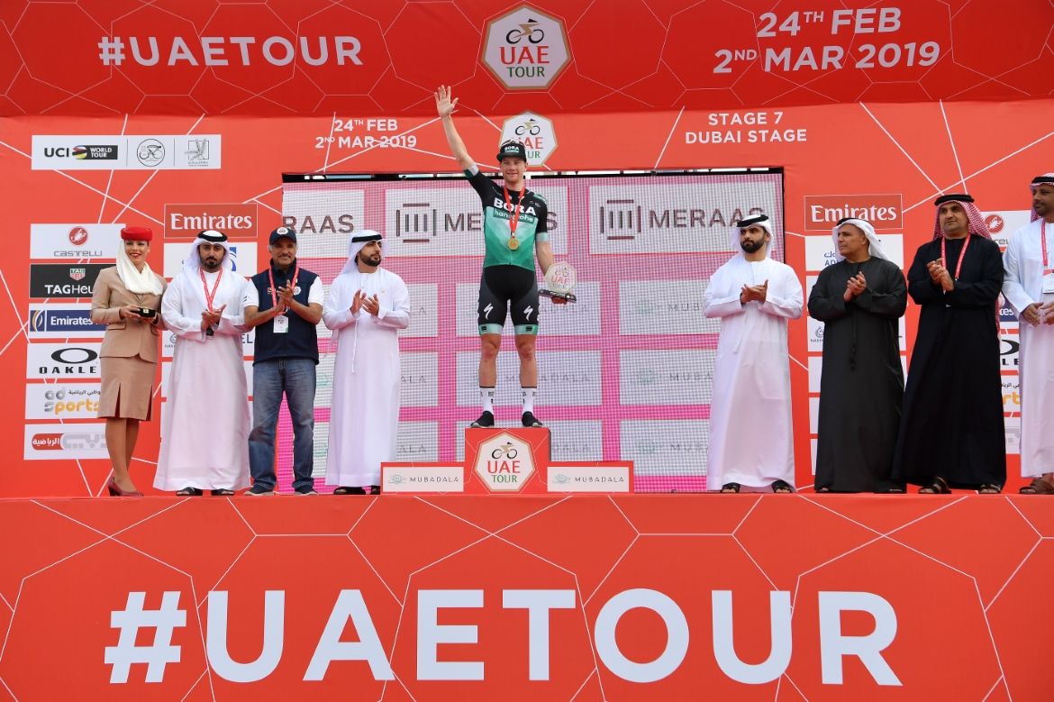 Sam Bennett (Bora-Hansgrohe) after winning in Dubai.