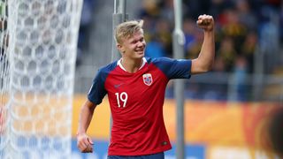 Erling Haaland celebrates after scoring Norway's ninth goal against Honduras at the Under-20 World Cup in 2019.