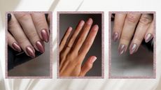 Three hands pictured with chrome, subtle and sparkly pink Christmas nails created by nail artists gel.bymegan and Mateja Novakovic/@matejanova / in a cream and pink glitter template
