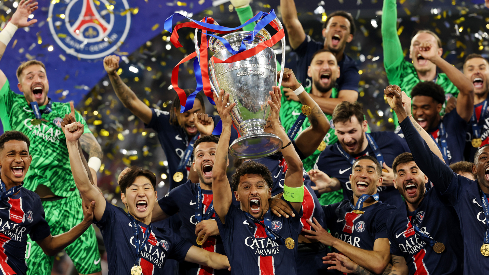 Paris Saint-Germain captain Marquinhos lifts the trophy after his team's May 2025 Champions League final victory over Inter Milan.
