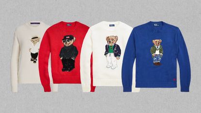 collage of Ralph Lauren sweaters with polo bear