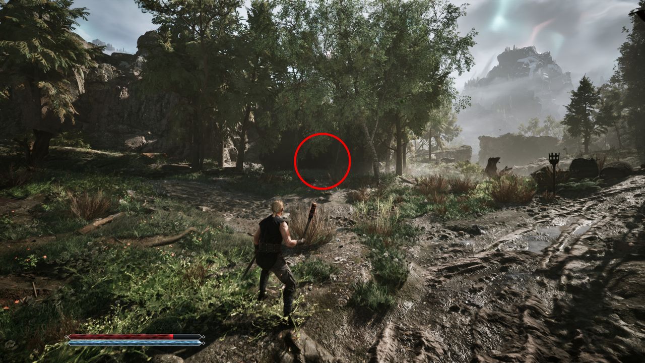 Gothic Remake Snaf's Recipe: A player looking at a cave in a forest, which is circled in red.