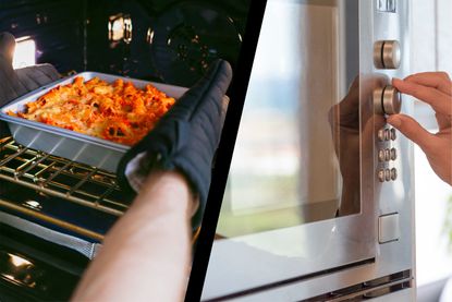 Left, person taking an pasta dish out of an oven. Right, person turning a dial on a microwave
