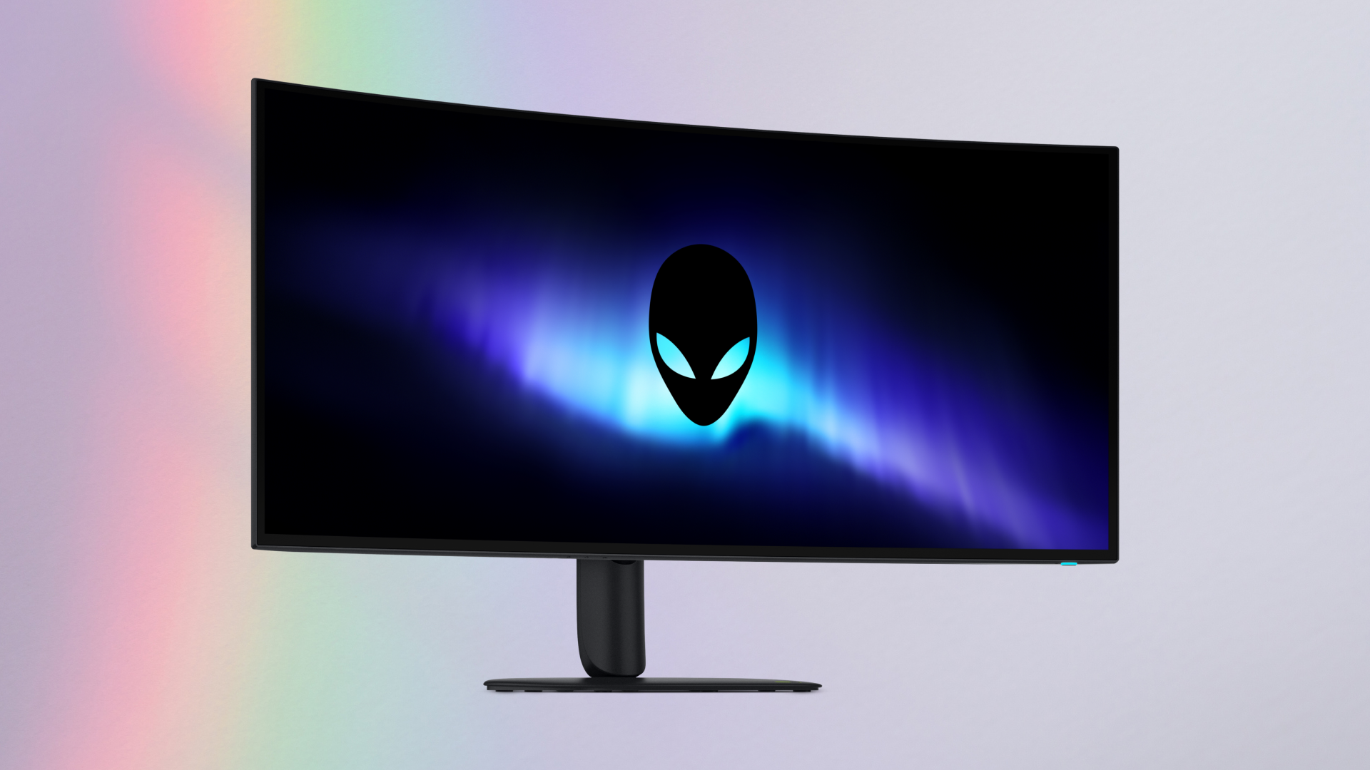 Front view of the curved Alienware 39 5K OLED gaming monitor featuring an ultra-thin bezel and glowing Alienware head logo on screen.