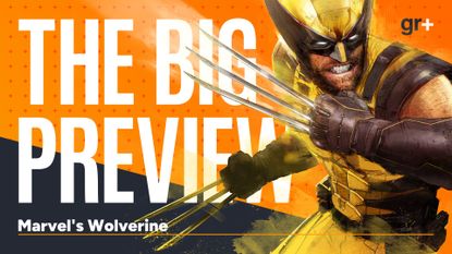 Wolverine grimaces in his key art pose for the PS5 game, on top of the GamesRadar+ The Big Preview frame