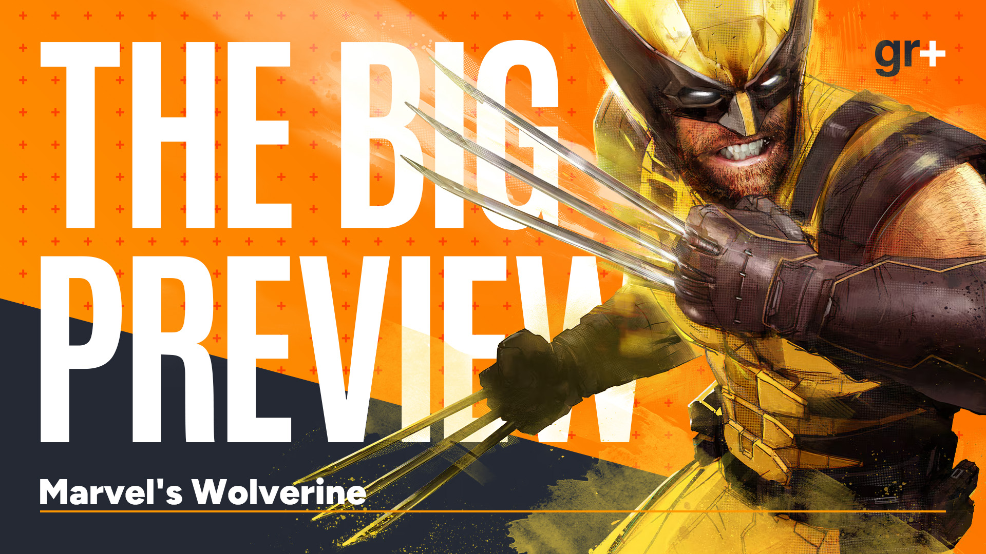 Wolverine grimaces in his key art pose for the PS5 game, on top of the GamesRadar+ The Big Preview frame