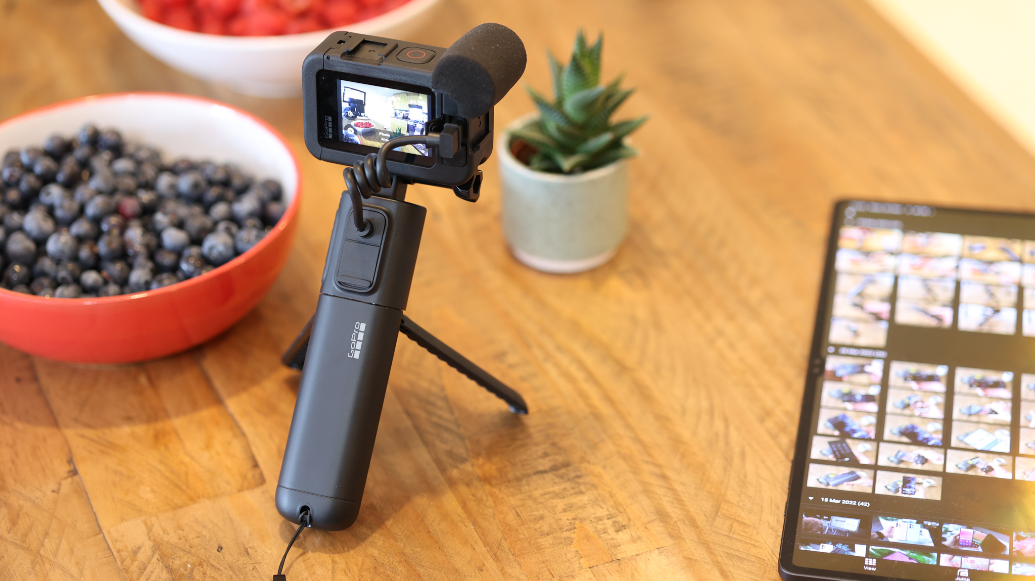 The GoPro Volta tripod grip on a wooden table