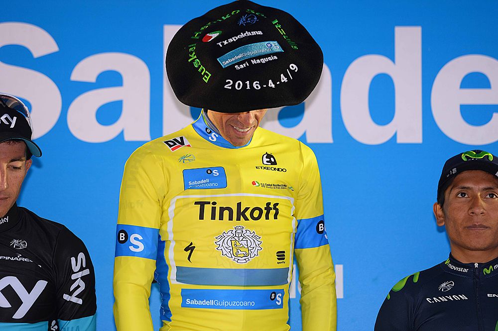 Alberto Contador (Tinkoff) awarded with the traditional Basque Country beret