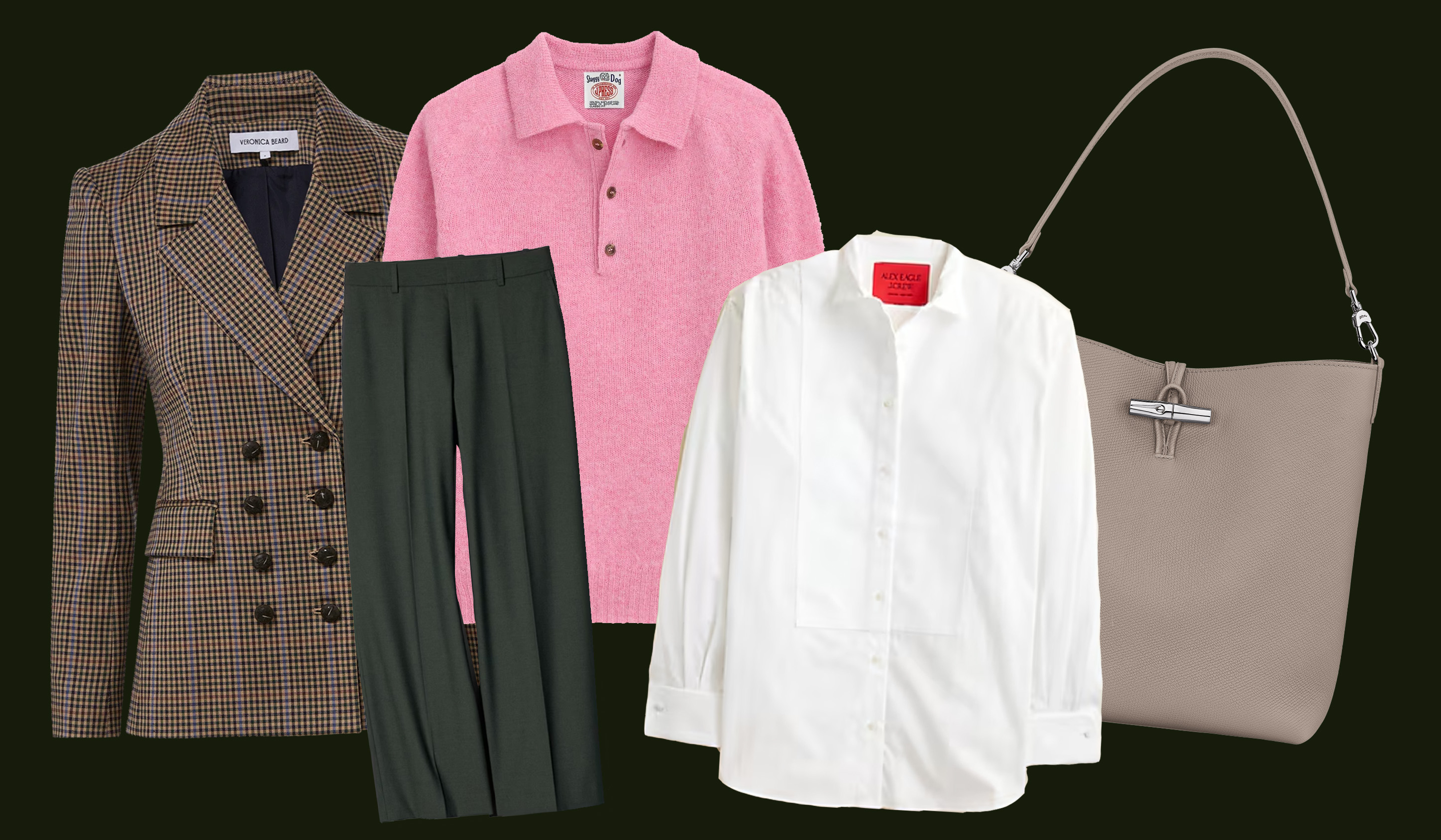 collage of blazer, pants, sweater, button-down and bag