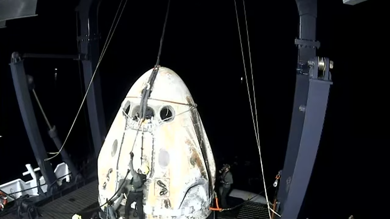 SpaceX's Crew Dragon "Resilience" is pictured on the GO Navigator recovery vessel after splashing down in the Gulf of Mexico, on May 2, 2021.
