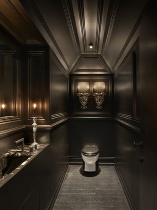 a bathroom painted in black sheen paint