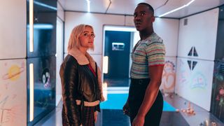 Ruby Sunday and The 15th Doctor (L-R) standing in a space station corridor in Doctor Who season 14 episode 1