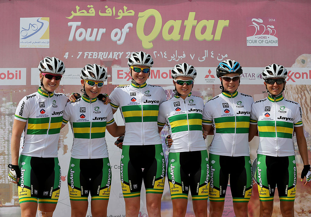 DOHA, QATAR - FEBRUARY 04: Riders of Australia poses for a picture prior to the start of stage one of the 2014 Ladies Tour of Qatar from Museum of Islamic Art to Mesaieed on February 4, 2014 in Doha, Qatar on February 4, 2014 in Doha, Qatar. (Photo by Francois Nel - Velo/Getty Images)