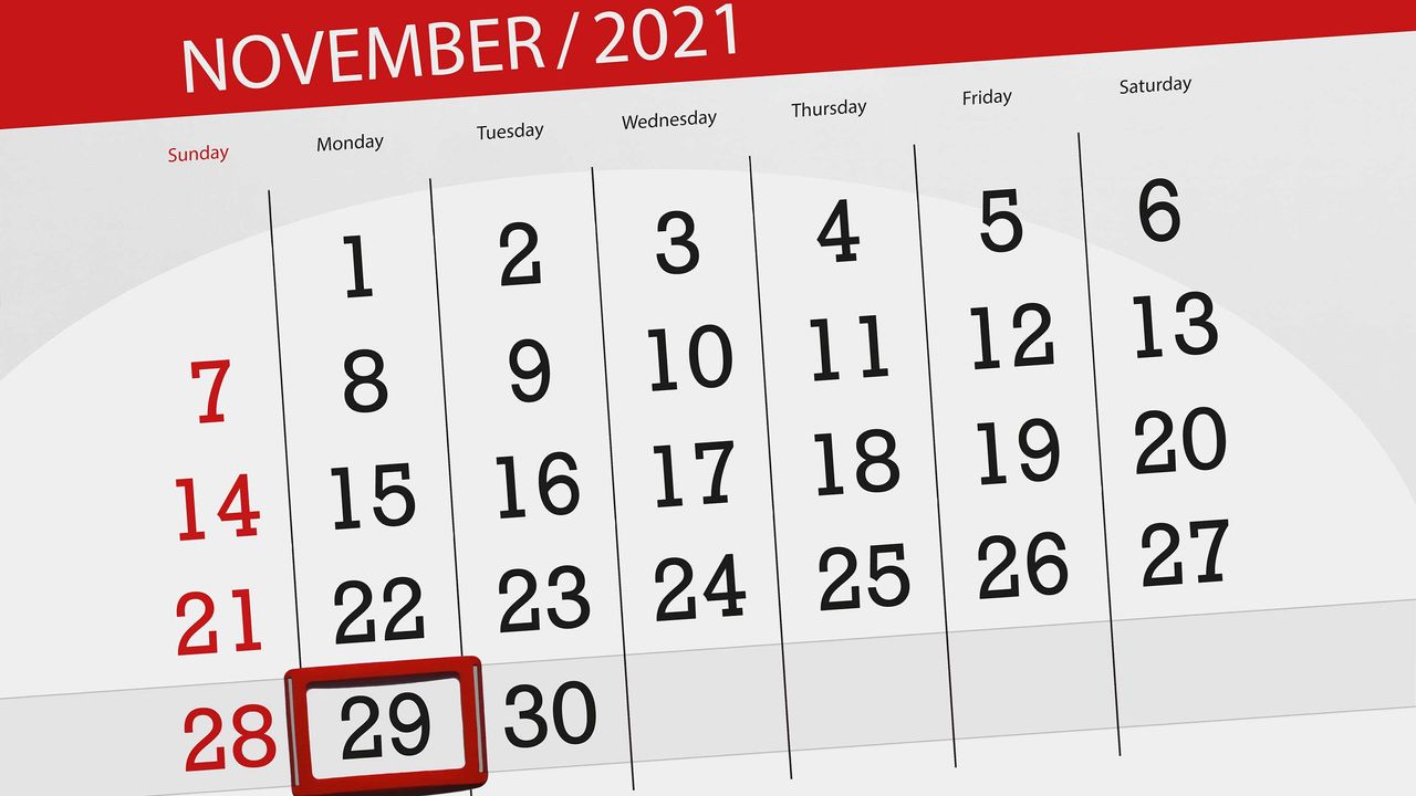 picture of calendar with November 29, 2021, circled