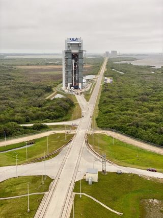 The Atlas V prepares to leave the Vertical Integration Facility for the launch pad on the morning of Dec. 18, 2019.