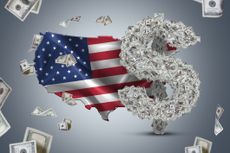 Wavy USA flag map with American cash and dollar banknotes flying.