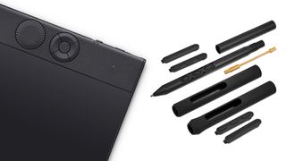 Product image of Wacom Intuos Pro (2025) on a white background next to the components of the Wacom Pro Pen 3