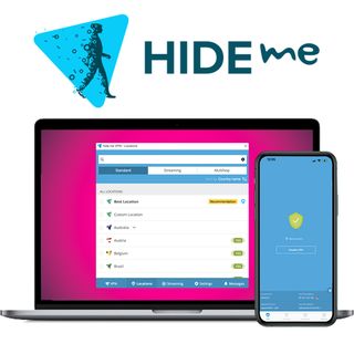 Hide.me VPN apps running on laptop and mobile with the brand logo above.