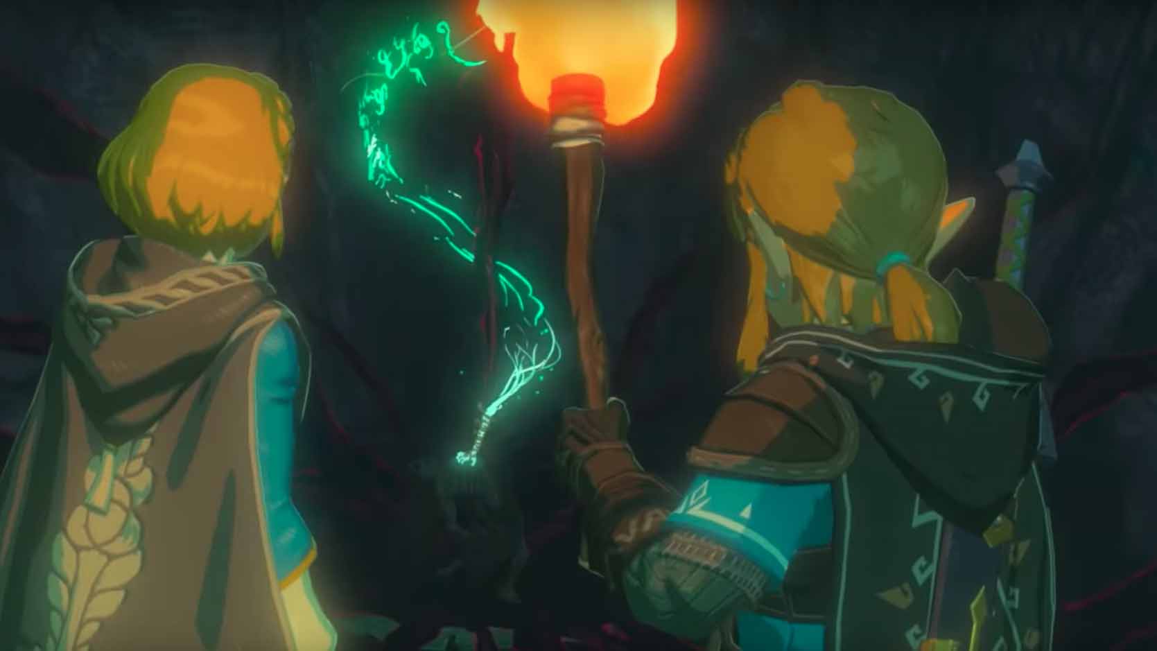Breath of the Wild 2 trailer screenshot showing Link and Zelda in a dungeon