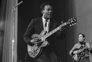 Chuck Berry performs with the Blues Project at Carnegie Hall in New York City in 1965