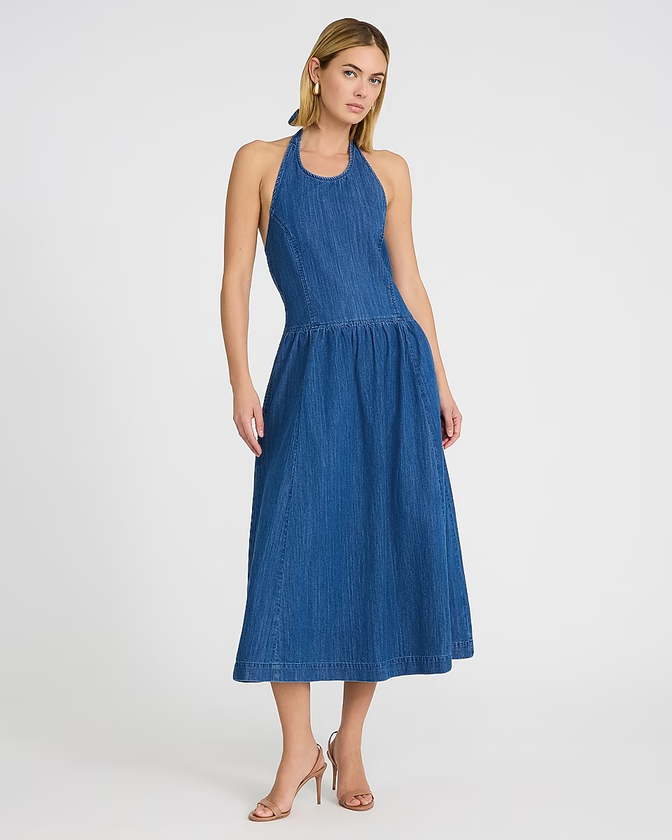 express, Denim Halter Drop Waist Fit and Flare Smocked Back Midi Dress