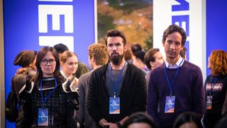 (L to R) Charlotte Nicdao as Poppy Li, Rob McElhenney as Ian Grimm and Danny Pudi as Brad Bakshi in Mythic Quest