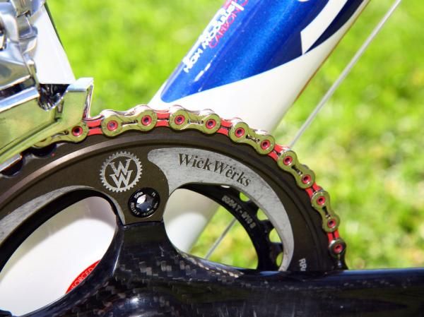 WickWerks makes a special outer ring for Katie Compton (Planet Bike-Stevens Bikes) to yield proper 'cross gearing on the four-arm Zipp VumaQuad crankset.
