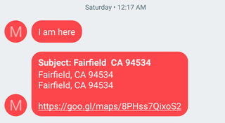 My mother's text message to me with her location information.
