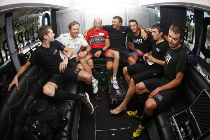 The RadioShack Leopard team celebrate Horner's win