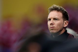 Julian Nagelsmann looks on during a match between Bayern Munich and Bayer Leverkusen in March 2023.